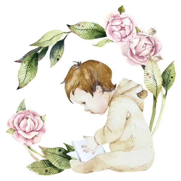 Ρολόι Του Μωρού Στο Βιβλίο Υδατογραφία Ζωγραφισμένη Στο Χέρι Εικόνα — Φωτογραφία Αρχείου
