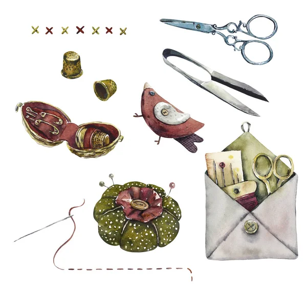 工芸品だ 縫製や刺繍へのアクセサリー 針パッド 糸でボビン 手描き水彩画 — ストック写真