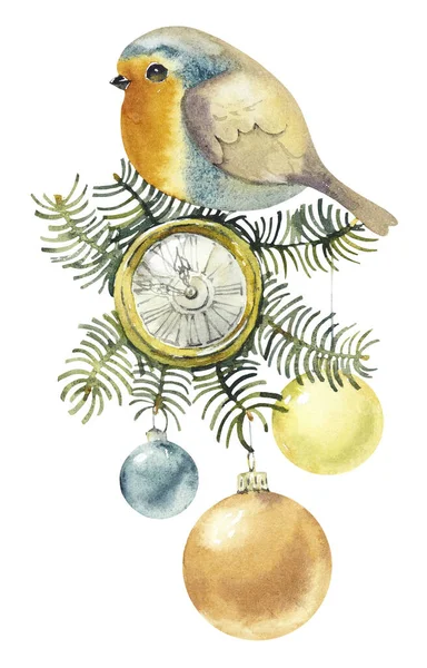 Robin Clock Cristmas Composition Pattern Bird Watercolor Hand Drawn Illustration — Stock Photo, Image