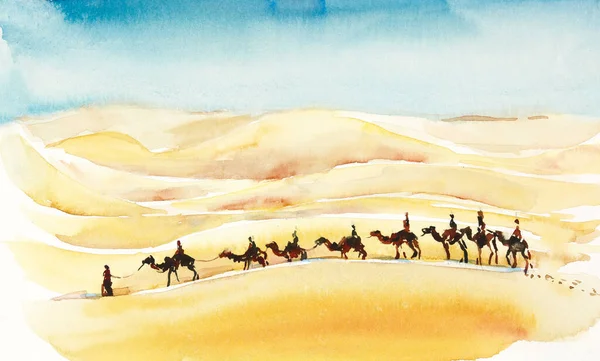 Cammelli Carovana Nel Deserto Del Marocco Illustrazione Disegnata Mano Acquerello — Foto Stock