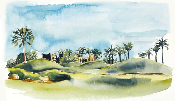 摩洛哥的绿洲 建筑的素描 水彩画手绘插图 — 图库照片