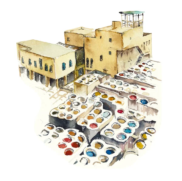 Old Town Morocco Sketch Architecture Watercolor Hand Drawn Illustration — Stock Photo, Image