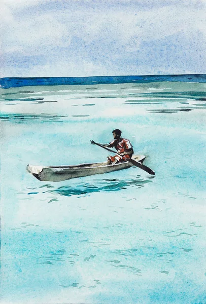 一个人骑在馅饼上航行 蓝色的海洋水彩画手绘插图 — 图库照片