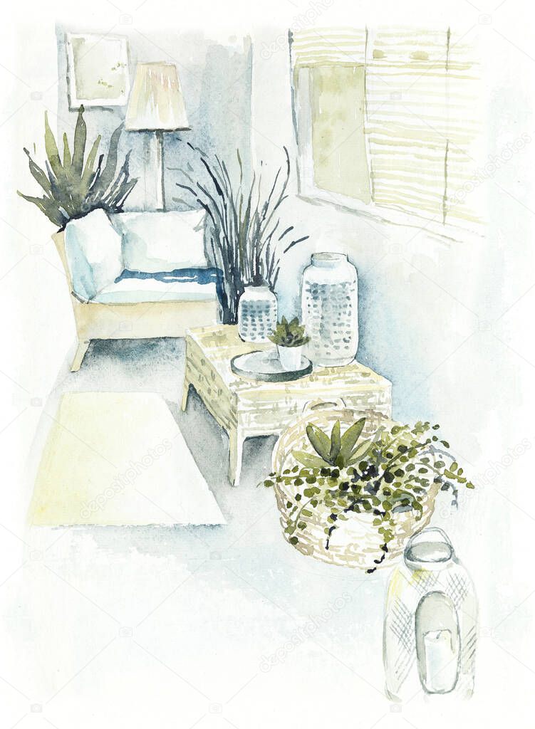 Light simple interior in country style. Decorating the loggia or balcony as a place to relax. Sketch style. Watercolor hand drawn illustration
