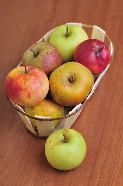 Korb mit mehreren Apfelsorten — Stockfoto