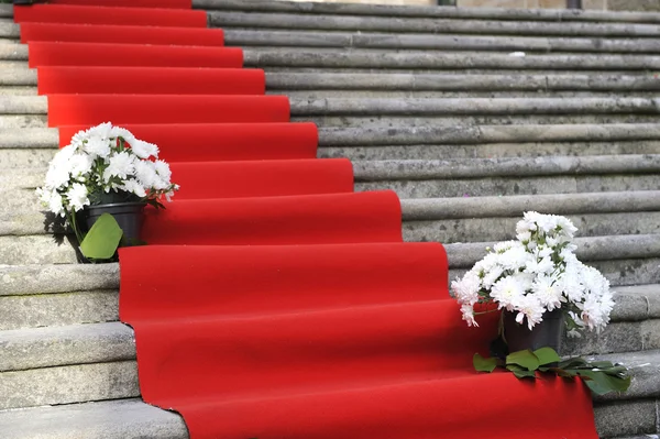 Tapete vermelho em escadas de pedra — Fotografia de Stock
