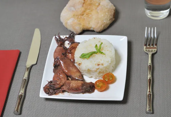 Calamar guiso adornado con arroz blanco — Foto de Stock