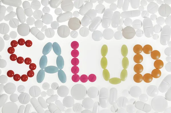 Mensagem de saúde (salud em espanhol) conduzida com várias drogas — Fotografia de Stock