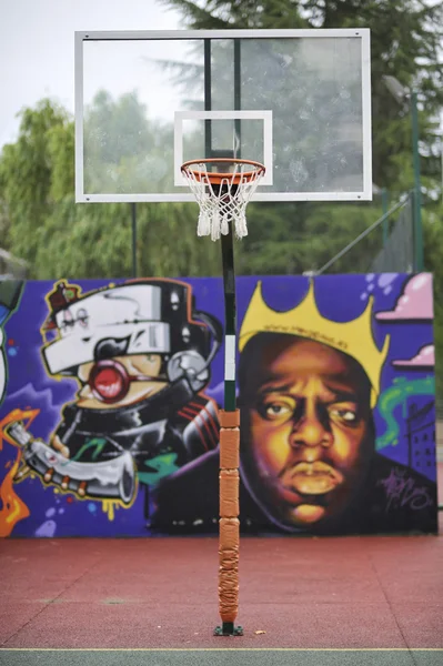 Kosárlabda hoop park szabadtéri graffiti fal — Stockfoto
