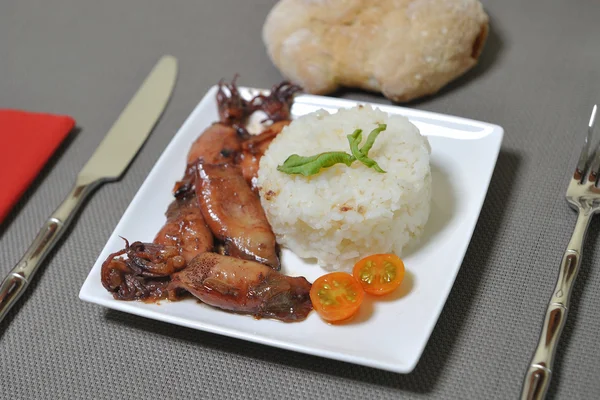 Squid stew garnished with white rice — Stock Photo, Image