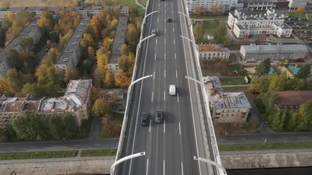 Aerial View Multi Lane Road Elevated Bridge Cars Motion High — Stock Video