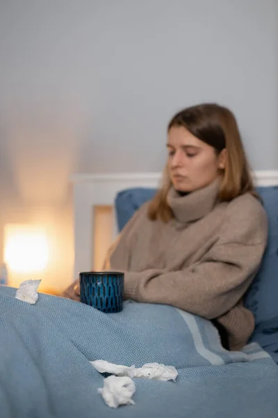 Exhausted Caucasian Woman Beige Sweater Sitting Bed Drinks Warm Medicine — Stock Photo, Image
