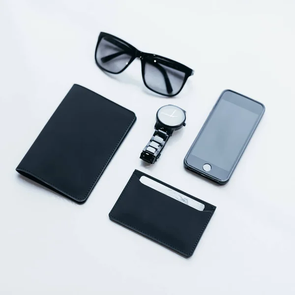 Flat Lay Photo Stylish Minimalistic Accessories Eco Leather Slim Wallet — Stock Photo, Image