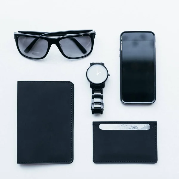 Flat Lay Foto Acessórios Minimalistas Elegantes Couro Ecológico Carteira Fina — Fotografia de Stock