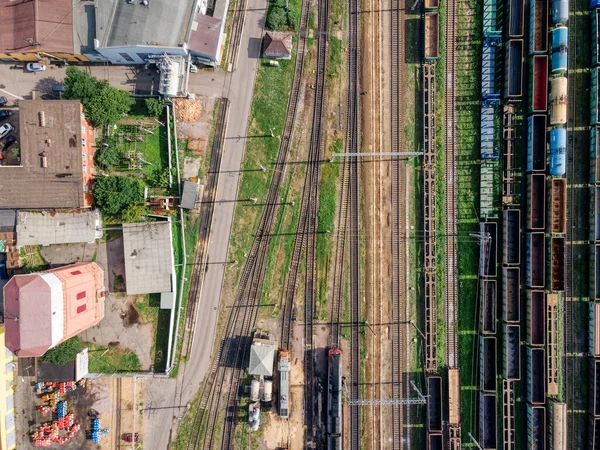 Top View Railroad Sorting Station Cargo Wagons Goods Railway Station — Stock Photo, Image