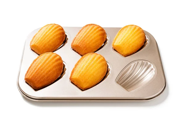 Perfekt Franska Madeleine Kakor Smörig Och Delikat Bakning Pan Isolerad — Stockfoto
