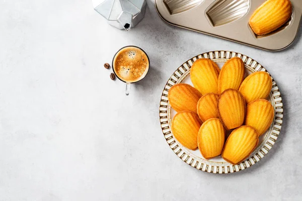 Galletas Madeleine Francesas Perfectas Mantecosas Delicadas Servidas Con Taza Café —  Fotos de Stock