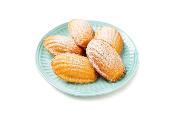 Biscoitos Madeleine Francês Perfeito Amanteigado Delicado Com Açúcar Confeiteiro Isolado — Fotografia de Stock