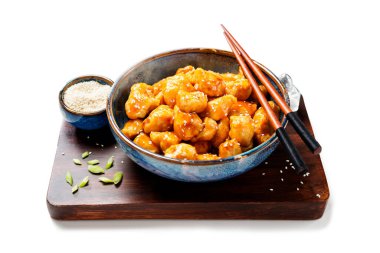 Crispy Honey Sesame Chicken, korean style food. Isolated on white background