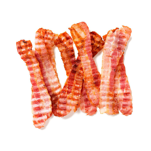 Grilled bacon isolated on white background, top view