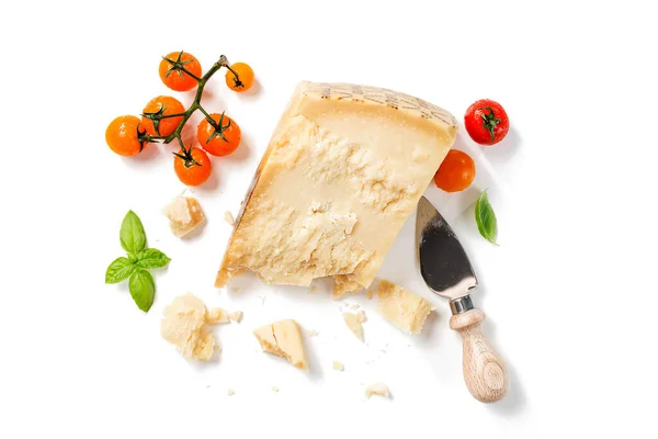 Piece Parmesan Cheese Cherry Tomatoes Fresh Basil Leaves Isolated White — Zdjęcie stockowe