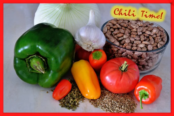 Poster of colorful ingredients used to cook a chili dinner. Red border.