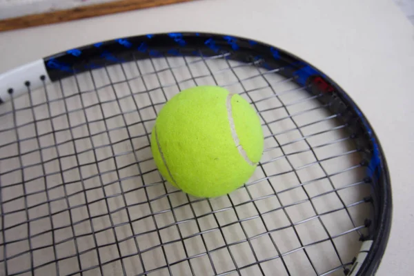 Yellow Tennis Ball Paddle Racket Foreground Concept Paddle Sport Fit — Fotografia de Stock