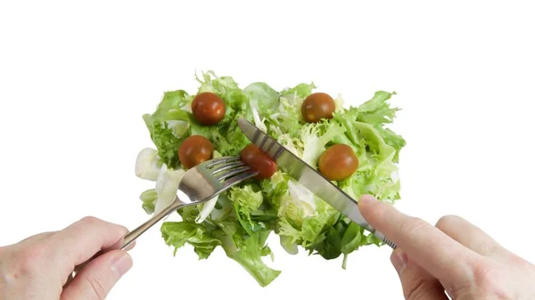 Manger Une Salade Isolée Sur Fond Blanc Concept Régime Alimentaire — Photo