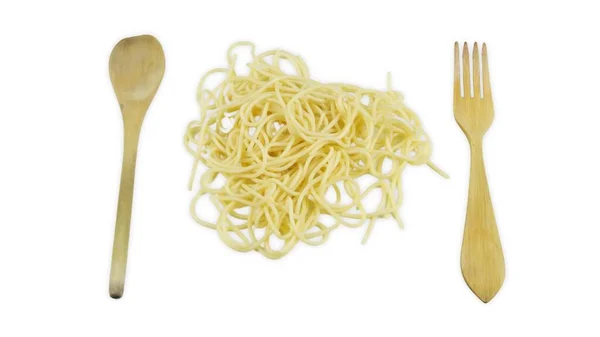 Espaguetis Cocidos Sobre Fondo Blanco Con Cubiertos Madera Concepto Dieta —  Fotos de Stock