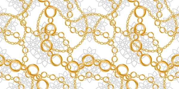 Nahtloses Muster Mit Edelsteinen Goldketten Und Perlen — Stockvektor