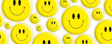 Sevimli emojiler sarı boşluk 3D illüstrasyonuna dağılmış.