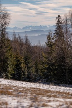 Magurka Tepesi, Beskid Slaski Dağları 'ndan Tatra Dağları' nın kış manzarası.