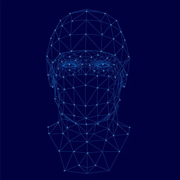 暗い背景に青い線で作られた輝くライトと保護マスクの医師の頭のワイヤーフレーム。正面図。ベクターイラスト — ストックベクタ