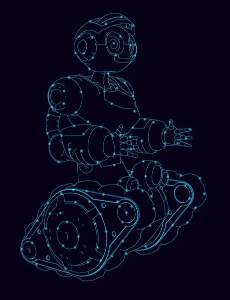 Kontur av en robot på en gås med händer med glödande ljus från blå linjer isolerade på en mörk bakgrund. Framsidan. Vektorillustration — Stock vektor
