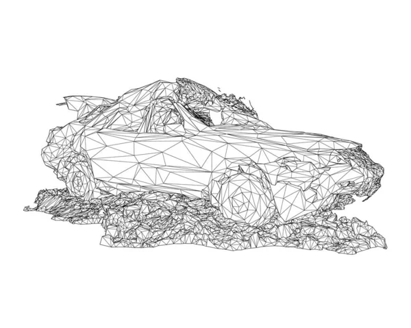 Drahtgestell eines zerstörten Autos in einem Haufen Müll aus schwarzen Linien isoliert auf weißem Hintergrund. 3D. Vektorillustration — Stockvektor