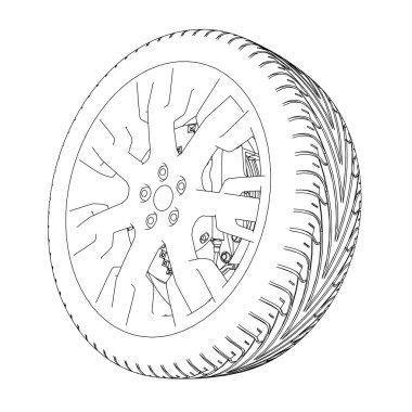 Beyaz arka planda siyah çizgilerden izole edilmiş araba tekerleği hatları. Üç boyutlu. Vektör illüstrasyonu