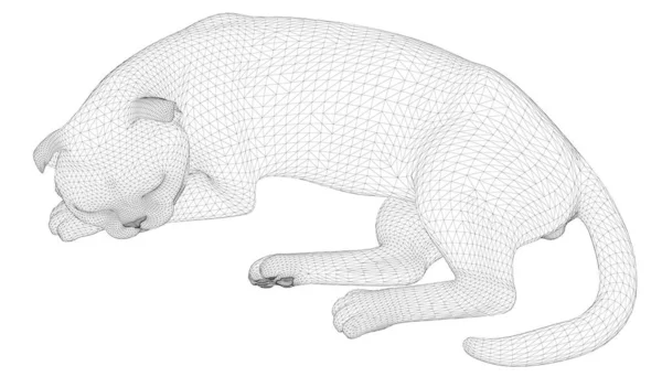 Wireframe śpiącego kota z czarnych linii odizolowanych na białym tle. 3D. Ilustracja wektora — Wektor stockowy