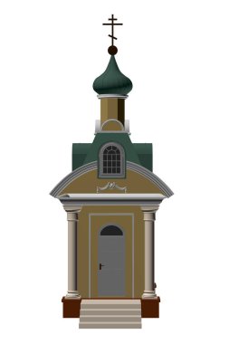 Beyaz arka planda izole edilmiş bir kilise modeli. Ön manzara. Üç boyutlu. Vektör illüstrasyonu
