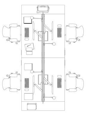 Beyaz arka planda siyah çizgilerden izole edilmiş bilgisayarlı ve koltuklu işyerleri. Yukarıdan bak. Vektör illüstrasyonu
