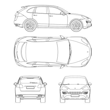 Beyaz arka planda izole edilmiş siyah çizgilerdeki bir yolcu vagonunun hatlarıyla ayarlandı. Ön, arka, yan, üst manzara. Vektör illüstrasyonu