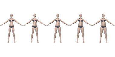 İç çamaşırlı örnek bir kız yavaş yavaş kilo alıyor. Slim 'den şişman kıza. Üç boyutlu. Vektör illüstrasyonu