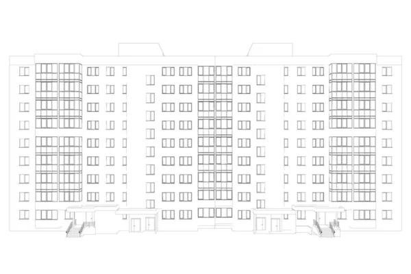 Beyaz arka planda izole edilmiş siyah çizgilerden 9 katlı bir ev. Vektör illüstrasyonu — Stok Vektör