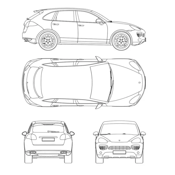 Beyaz arka planda izole edilmiş siyah çizgilerdeki bir yolcu vagonunun hatlarıyla ayarlandı. Ön, arka, yan, üst manzara. Vektör illüstrasyonu