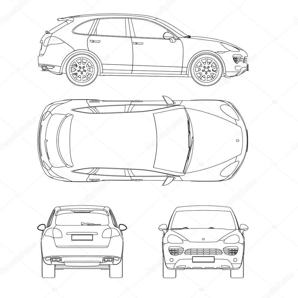 Set with the contours of a passenger car from black lines Isolated on white background. Front, back, side, top view. Vector illustration