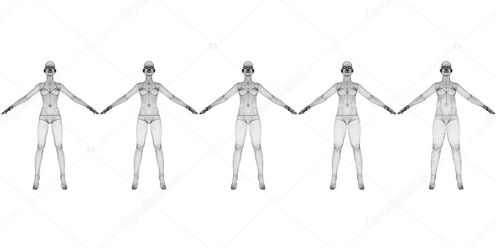 Set with wireframes of a girl in underwear gradually gaining weight from black lines, isolated on a white background. From slim to fat girl. 3D. Vector illustration