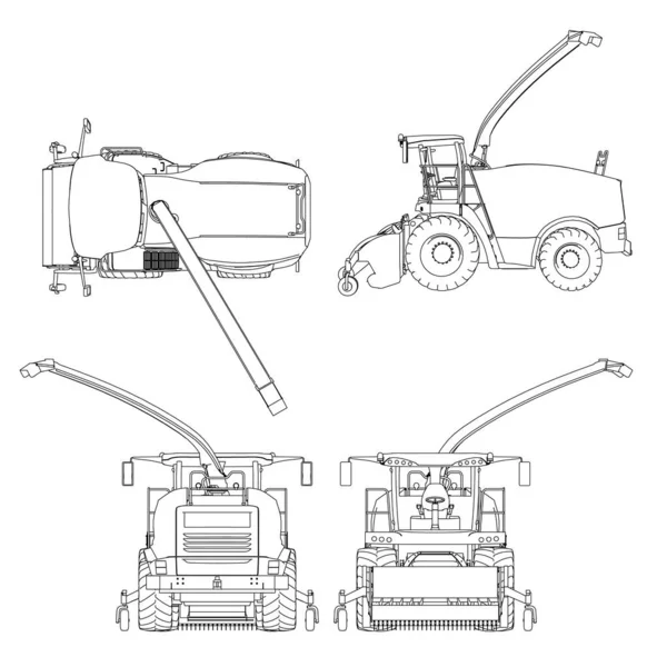 Set with combine harvester from black lines isolated on white background. Side view, top, front, back. Vector illustration — Stock Vector