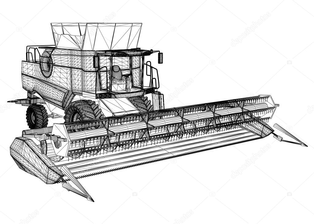 Combine harvester wireframe from black lines isolated on white background. 3D. Vector illustration