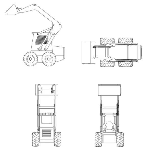 Set with wireframe of a small forklift from black lines isolated on white background. Side, front, back, top view. Vector illustration — Stock Vector