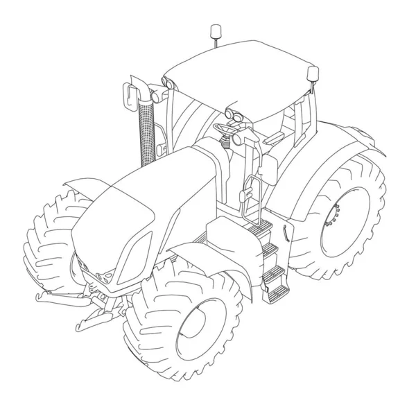 Tractor contour from black lines isolated on white background. Isometric view. Vector illustration — Stock Vector