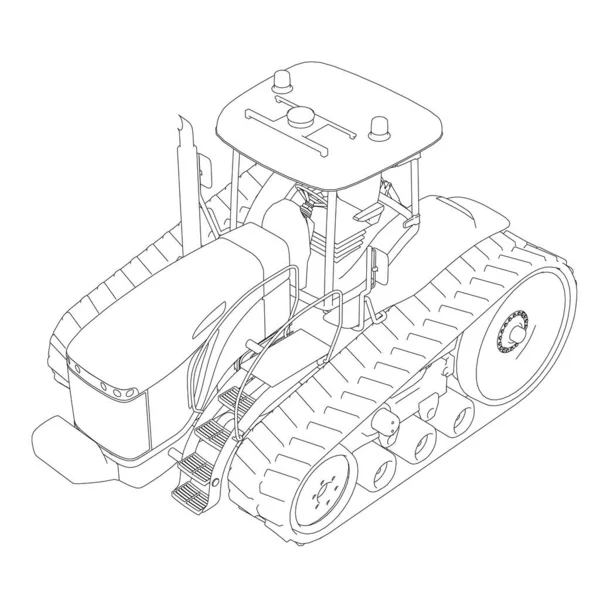 Kontur eines Traktors auf Schienen aus schwarzen Linien auf weißem Hintergrund. Isometrische Sicht. Vektorillustration — Stockvektor